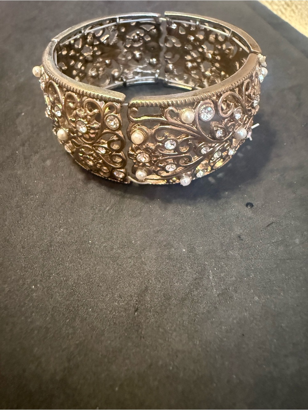 Vintage-Inspired Gold Filigree Pearl & Crystal Cuff Bracelet